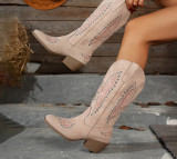 Women's Fashion Autumn Winter Mid Heel Round Toe Plus Size Embroidered Leather Boots