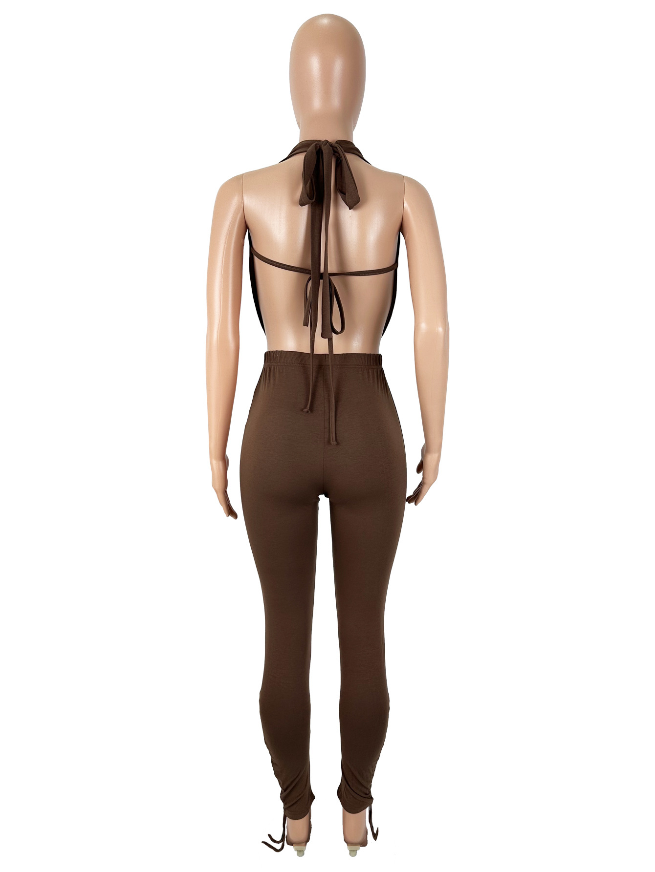 Women's Sexy Halter Neck Draped Neck Large Low Back Lace-Up Top with Drawstring Ankle Pants Two-Piece Set