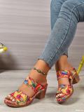 Plus Size Women Graffiti Buckled Lightweight Block Heel Sandals