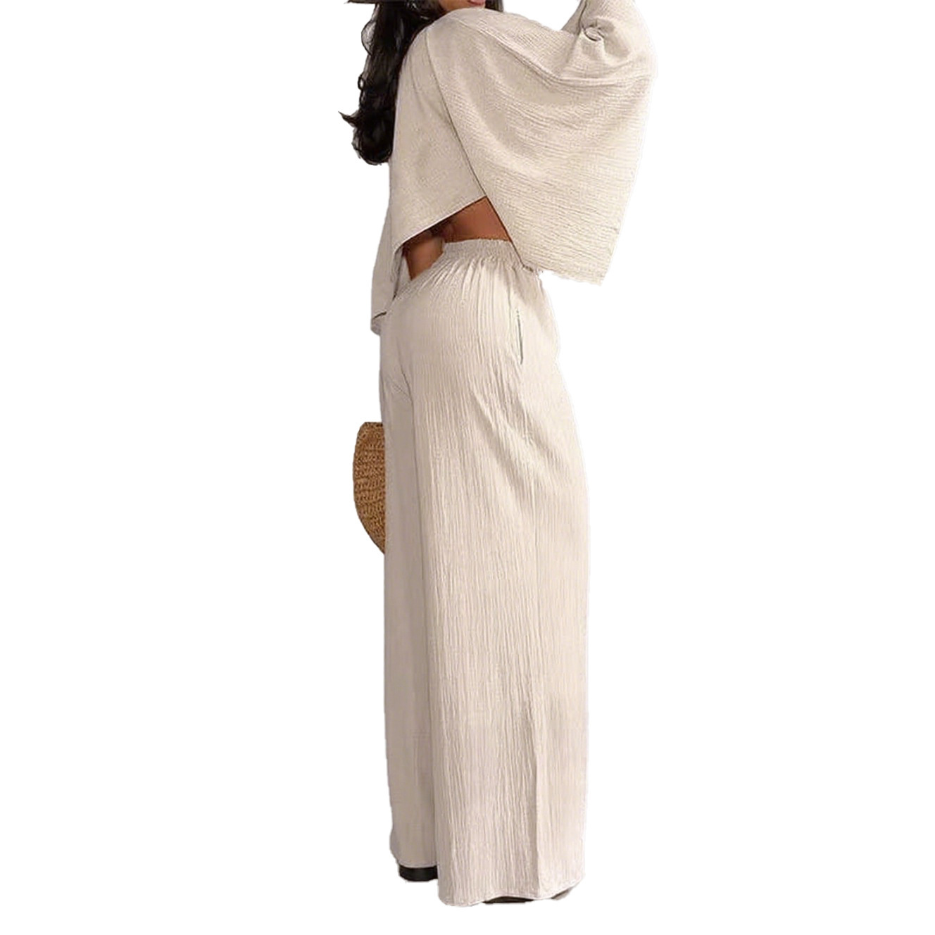 Women's Fashion Sexy Beach Holidays Solid Slash Shoulder Irregular Top with Elastic Waist Pockets Long Pants Set