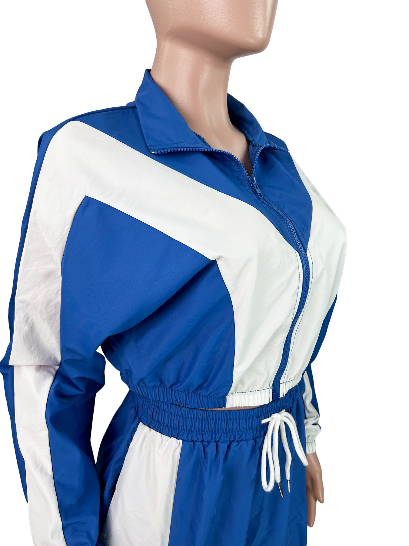 Women's Fashion Color-Blocking Zipper Cardigan Wide-Leg Drawstring Sport Pants Two-Piece Set