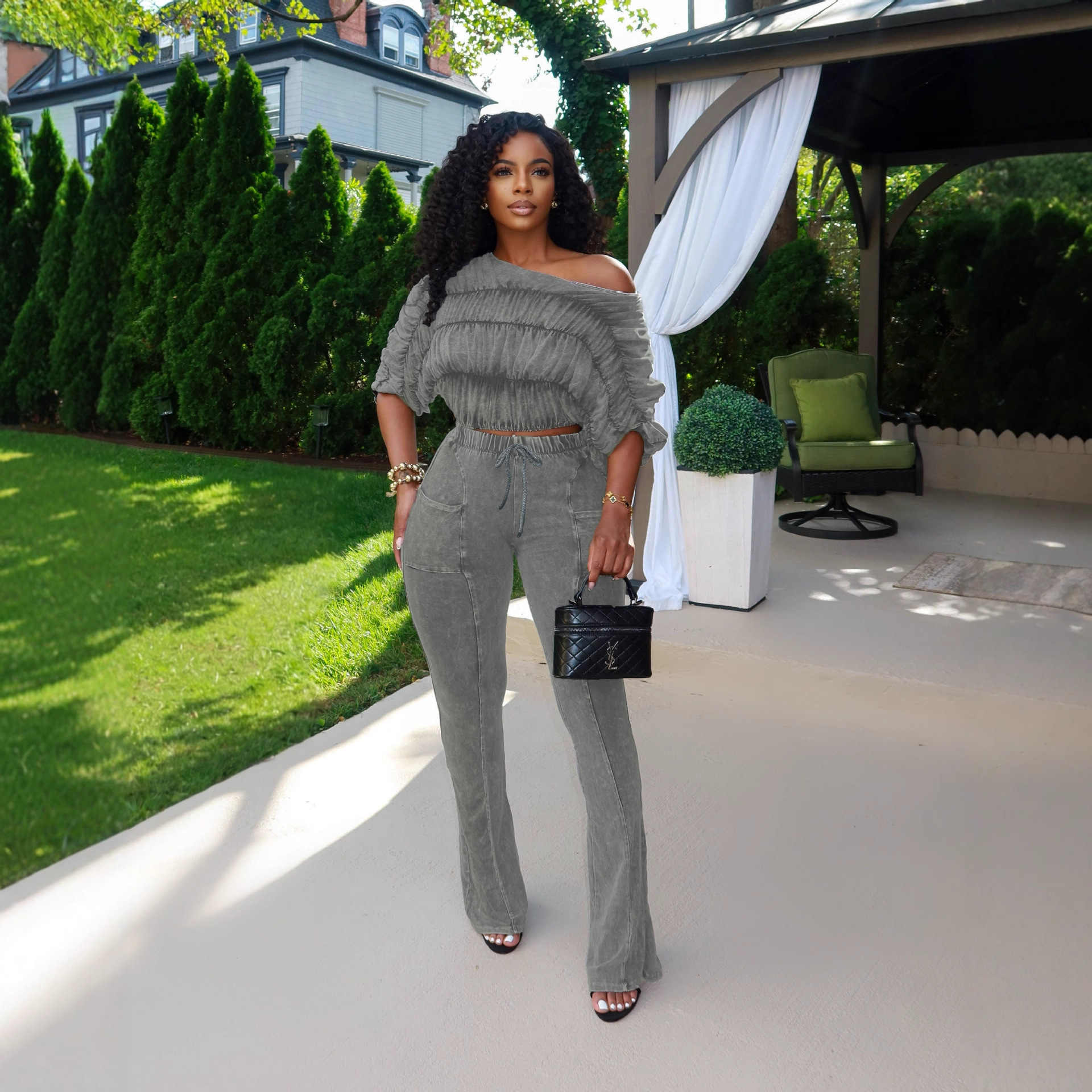 Women's Sexy Crop Top Slim-Fitting Flared Pants Two-Piece Set