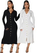 Women's Fashion V-Neck Single Row Buttons Long Sleeve Solid Long Dress