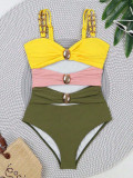 Women's Gold Buttons Color-Blocking Three-Color Sexy One-Piece Swimsuit