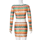 Women's Autumn Winter Sexy Crop Top Yarn-Dyed Multi-Color Skirt Set