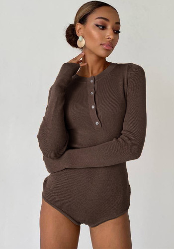 Women's Chic Button Slim-Fitting Knit Autumn Winter Tight Fitting Basic Bodysuit