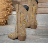 Women's Fashion Autumn Winter Mid Heel Round Toe Plus Size Embroidered Leather Boots