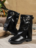 Women's Round Toe Belt Buckle Autumn Plus Size Crinkle Mid-Calf Slip-On Boots