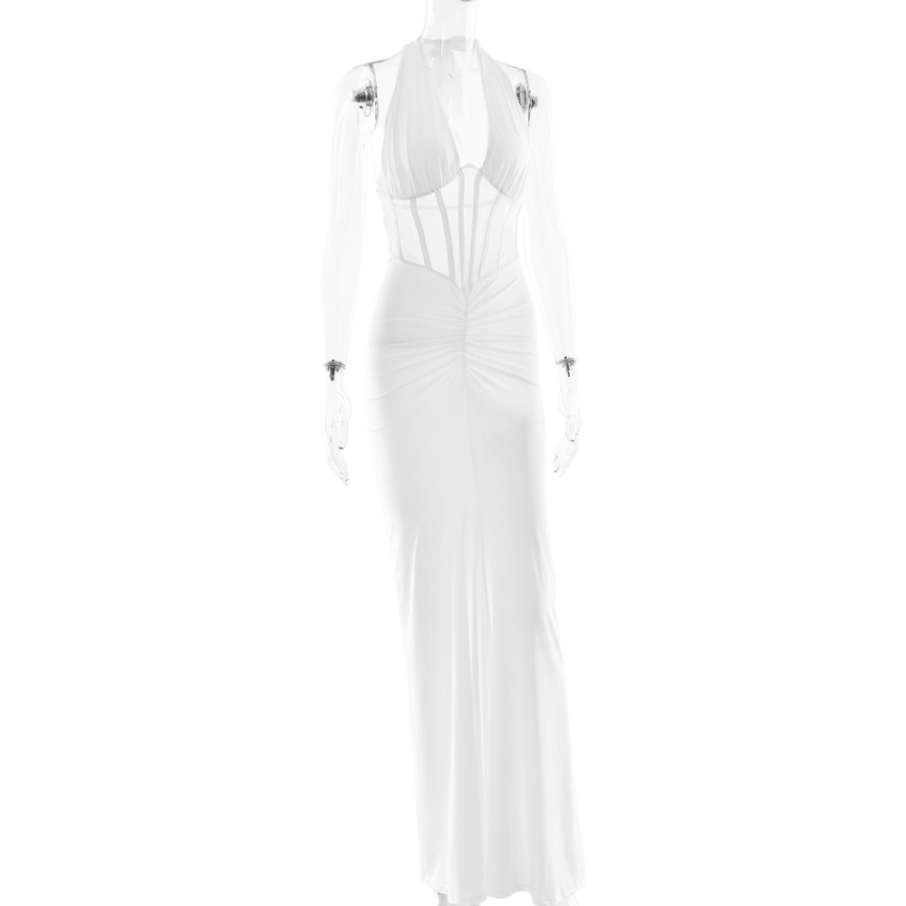 Women's Halter Neck Mesh Patchwork Elegant Bodycon Long Dress