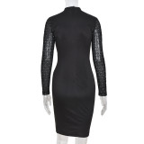 Women's Autumn Slit Stand Collar Slim-Fitting Patchwork Mesh Plaid Dress