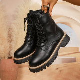 Women's Platform Martin Boots Autumn Winter Front Lace-Up Black Plus Size Height-Increasing Leather Boots