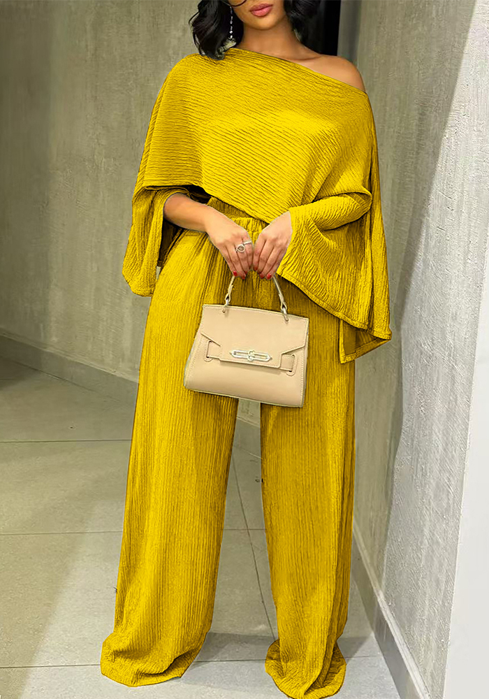 Women's Fashion Sexy Beach Holidays Solid Slash Shoulder Irregular Top with Elastic Waist Pockets Long Pants Set