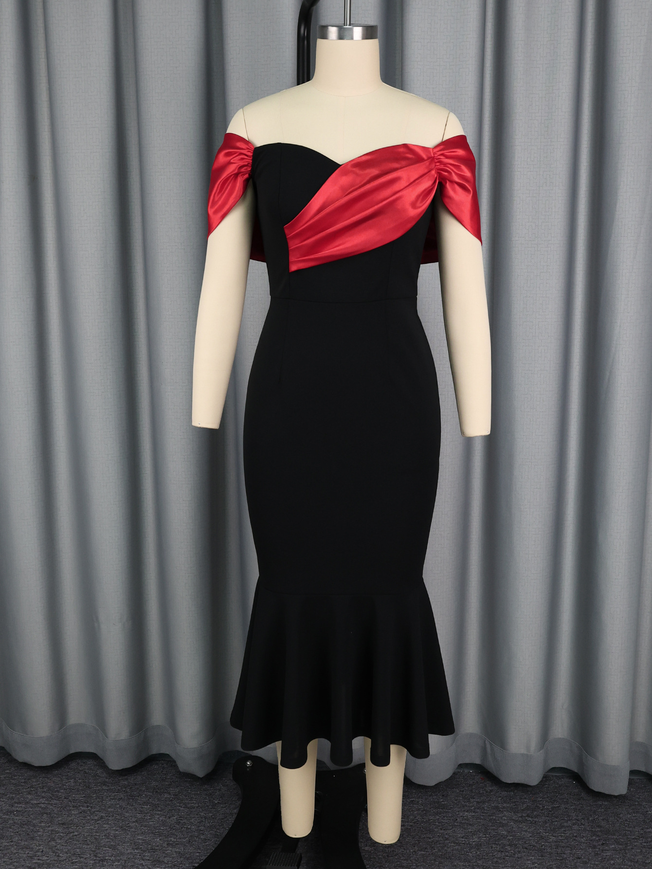 Women's Off-Shoulder Sexy Color-Blocking Party Dress with Flounce Hem Slim Fit Mermaid Evening Gown