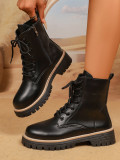 Women's Platform Martin Boots Autumn Winter Front Lace-Up Black Plus Size Height-Increasing Leather Boots