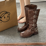 Women's Brown Knee-High Autumn Winter Leather Denim High Shaft Equestrian Boots
