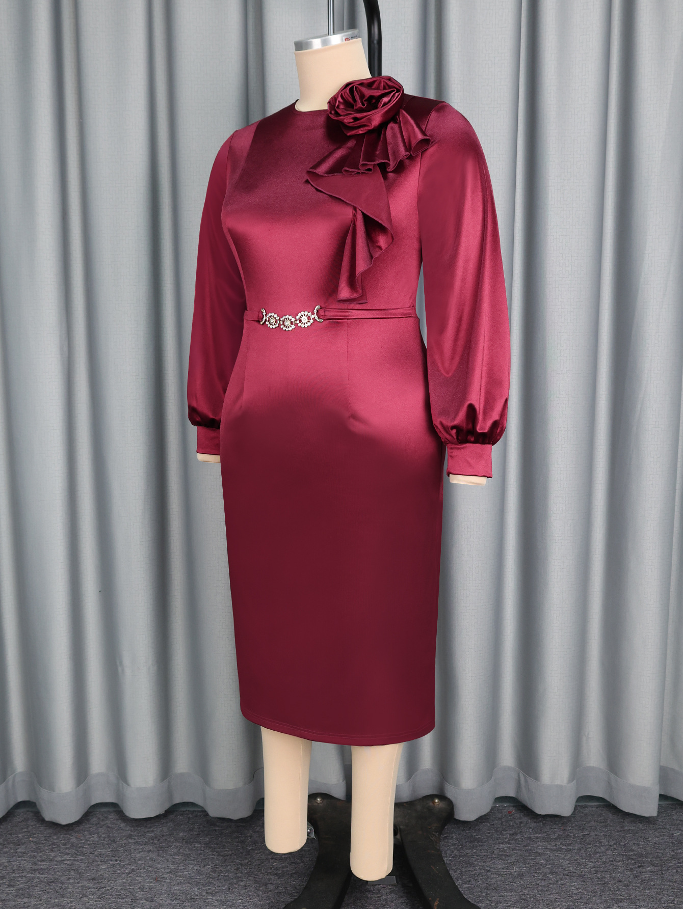 Women's Floral Satin Chic Elegant Slim Waist Bodycon Party Formal Party Long Sleeve Dress