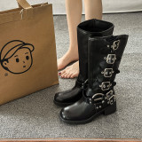 Women's Brown Knee-High Autumn Winter Leather Denim High Shaft Equestrian Boots