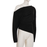 Women's Autumn Winter Solid Slash Shoulder Slim Fit Irregular Top