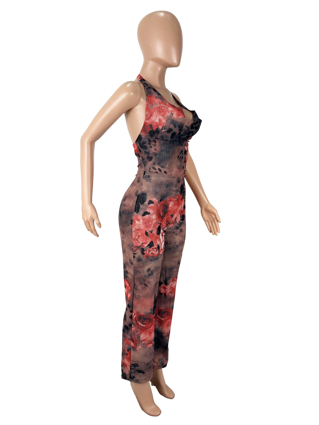 Women's Sexy Leopard Floral Print Halter Neck Jumpsuit