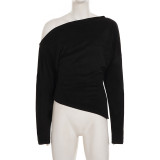Women's Autumn Winter Solid Slash Shoulder Slim Fit Irregular Top