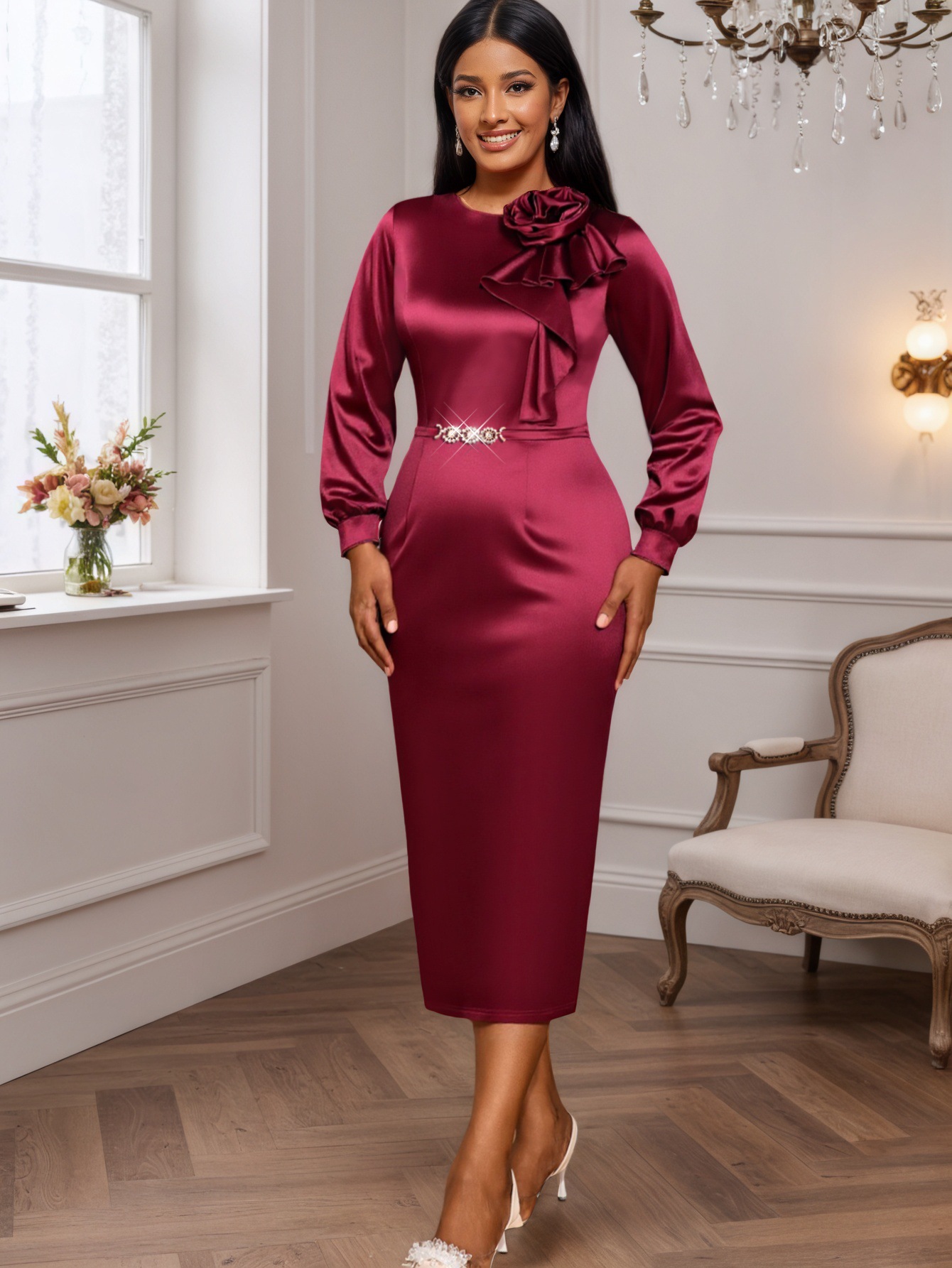 Women's Floral Satin Chic Elegant Slim Waist Bodycon Party Formal Party Long Sleeve Dress