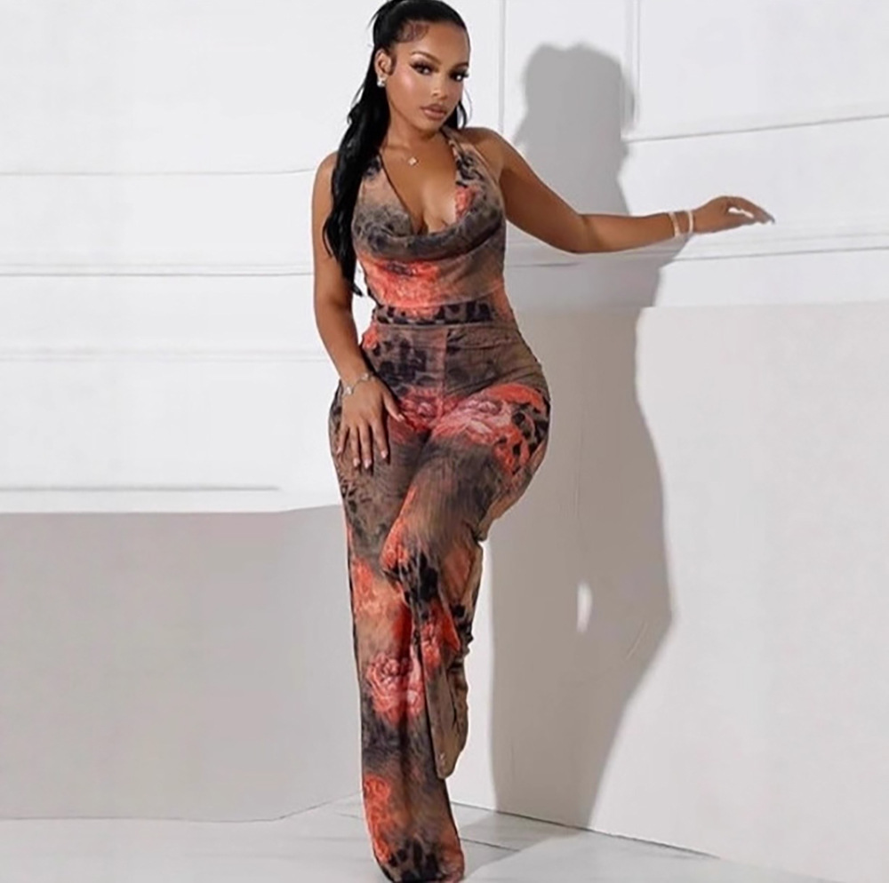 Women's Sexy Leopard Floral Print Halter Neck Jumpsuit