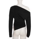 Women's Autumn Winter Solid Slash Shoulder Slim Fit Irregular Top