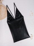 Women's Sexy V-Neck PU Low Back Mesh See-Through Tight Fitting Bodycon Dress