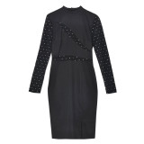 Women's Autumn Slit Stand Collar Slim-Fitting Patchwork Mesh Plaid Dress