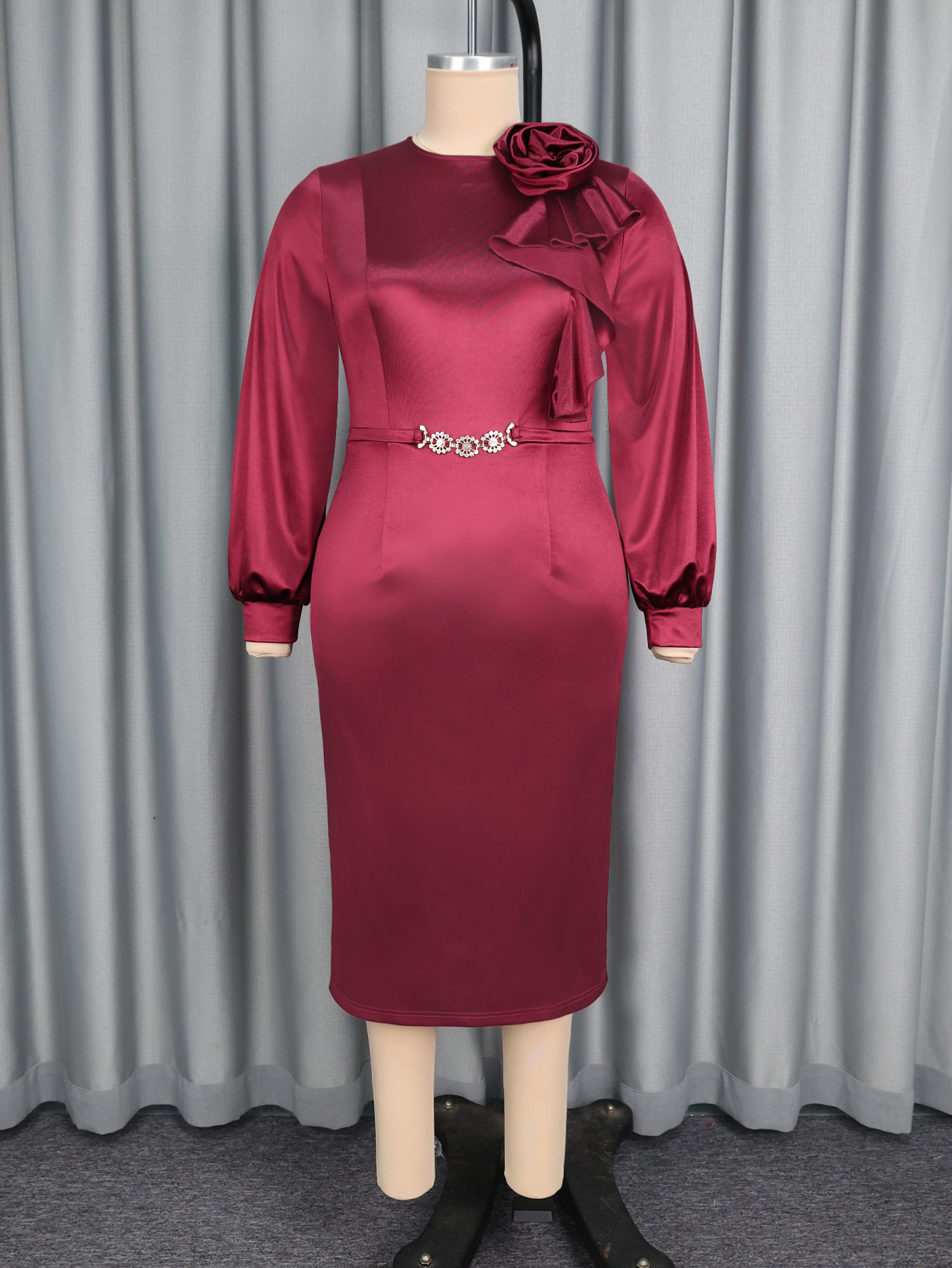 Women's Floral Satin Chic Elegant Slim Waist Bodycon Party Formal Party Long Sleeve Dress