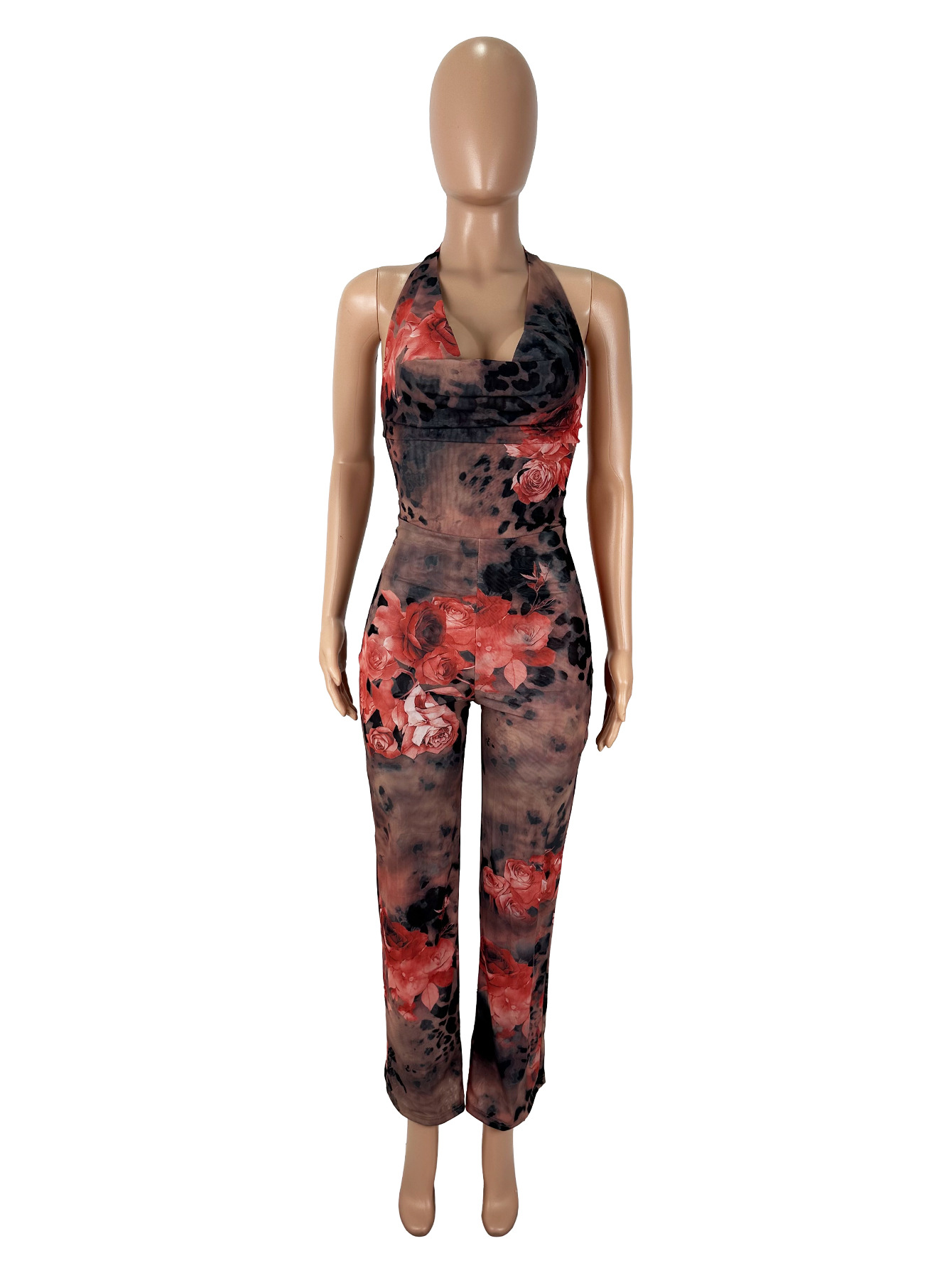 Women's Sexy Leopard Floral Print Halter Neck Jumpsuit