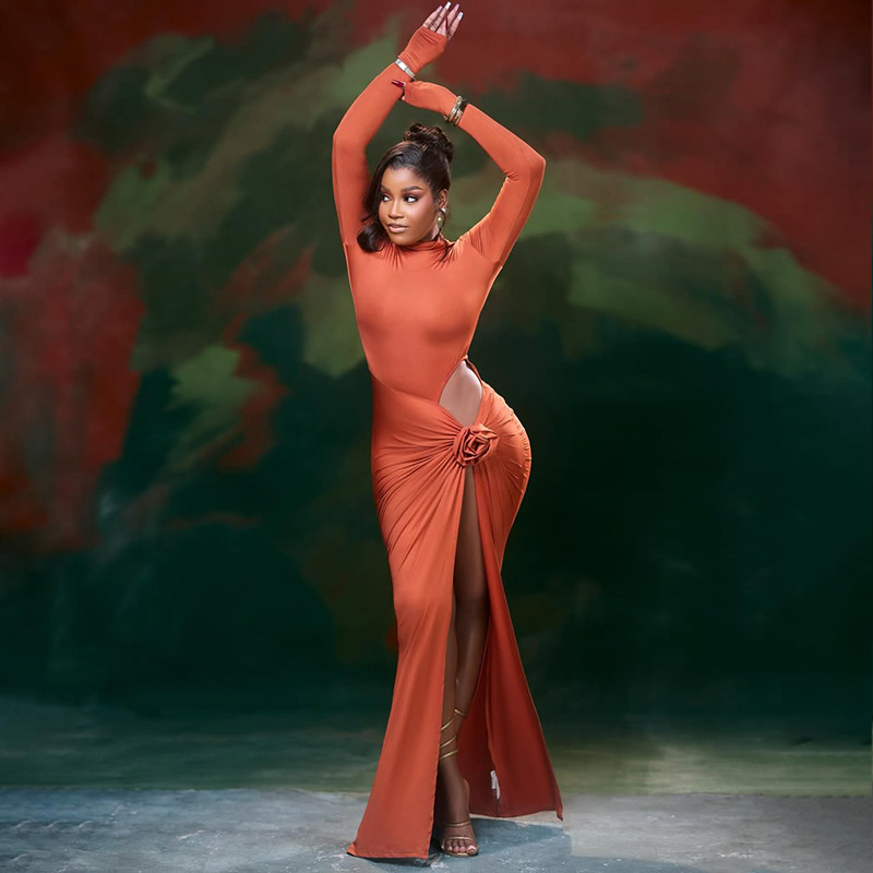 Women's Floral Ruffle Slit Stand Collar Hollow-Out Slim-Fitting Long Sleeve Solid Long Dress