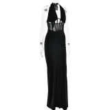 Women's Halter Neck Mesh Patchwork Elegant Bodycon Long Dress