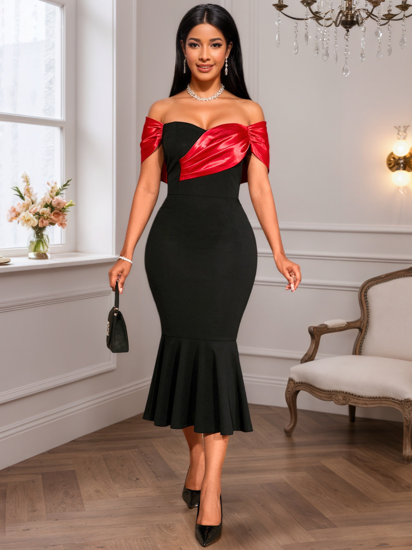 Women's Off-Shoulder Sexy Color-Blocking Party Dress with Flounce Hem Slim Fit Mermaid Evening Gown