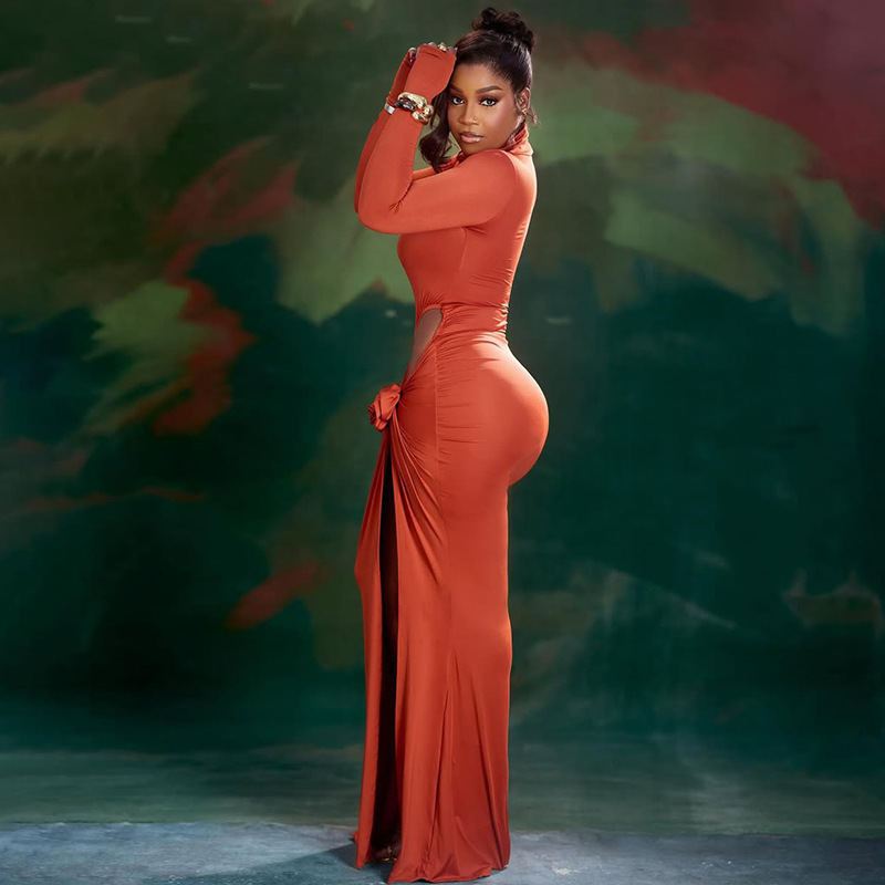 Women's Floral Ruffle Slit Stand Collar Hollow-Out Slim-Fitting Long Sleeve Solid Long Dress