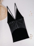 Women's Sexy V-Neck PU Low Back Mesh See-Through Tight Fitting Bodycon Dress