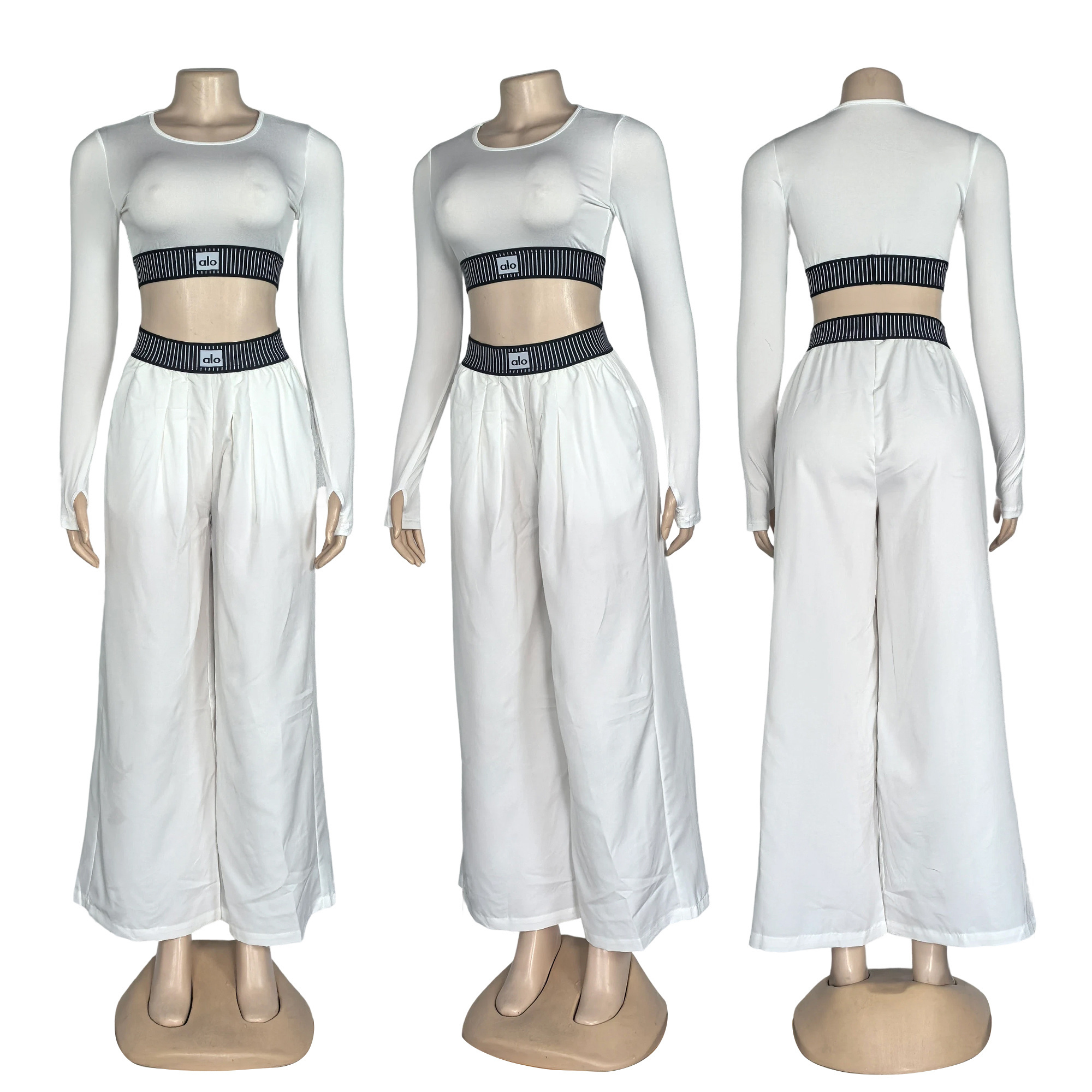 Women's Autumn Winter Fashion Long Sleeve Sexy Crop Top High Waist Loose Casual Straight Wide-Leg Pants Set