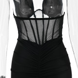 Women's Halter Neck Mesh Patchwork Elegant Bodycon Long Dress
