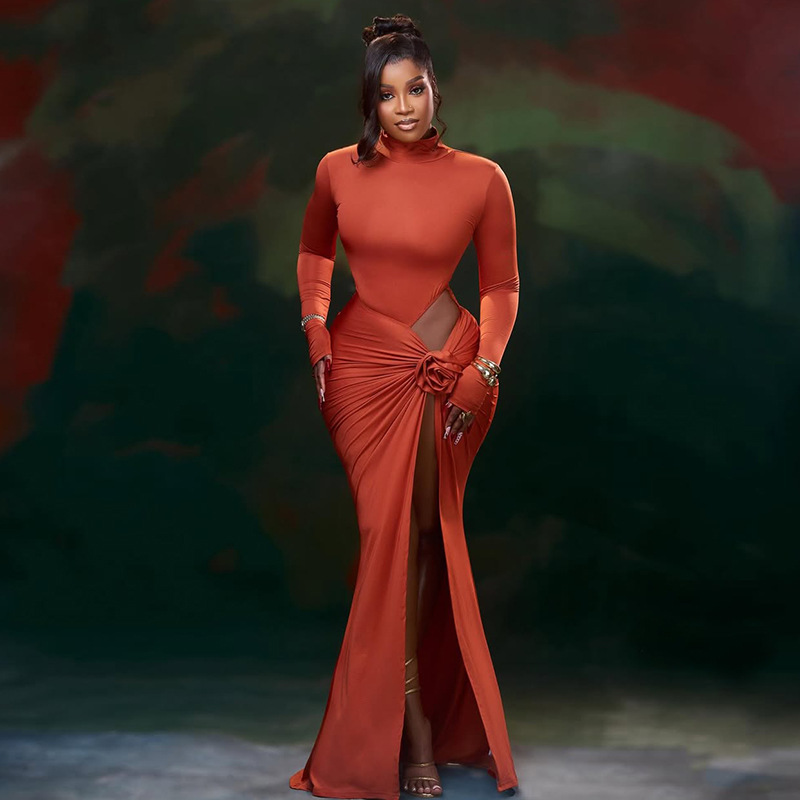 Women's Floral Ruffle Slit Stand Collar Hollow-Out Slim-Fitting Long Sleeve Solid Long Dress