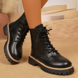 Women's Platform Martin Boots Autumn Winter Front Lace-Up Black Plus Size Height-Increasing Leather Boots