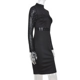 Women's Autumn Slit Stand Collar Slim-Fitting Patchwork Mesh Plaid Dress