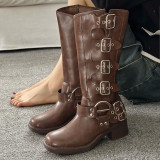 Women's Brown Knee-High Autumn Winter Leather Denim High Shaft Equestrian Boots