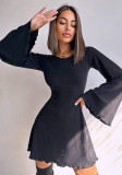 Women's Autumn Fashion Sexy Short Bell Sleeve Round Neck Hollow-Out Lace-Up Dress
