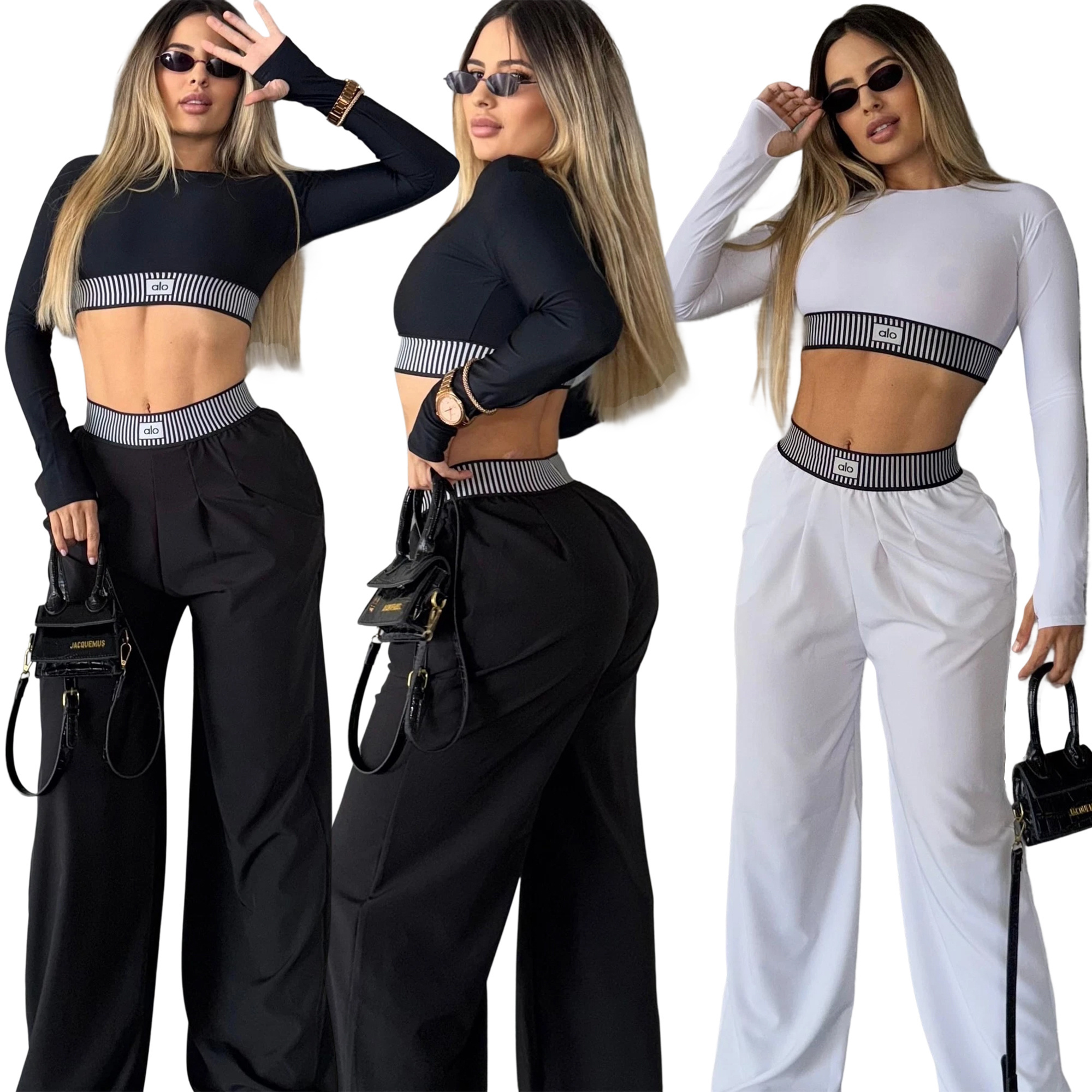 Women's Autumn Winter Fashion Long Sleeve Sexy Crop Top High Waist Loose Casual Straight Wide-Leg Pants Set