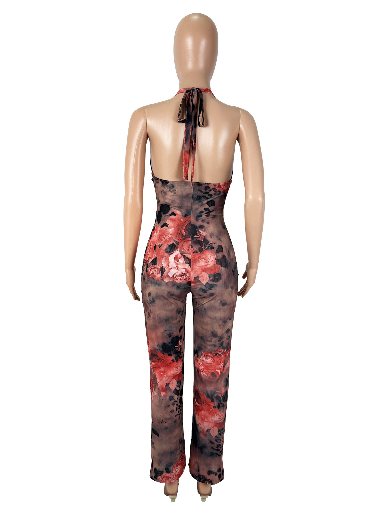 Women's Sexy Leopard Floral Print Halter Neck Jumpsuit