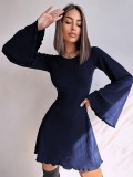 Women's Autumn Fashion Sexy Short Bell Sleeve Round Neck Hollow-Out Lace-Up Dress