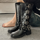 Women's Brown Knee-High Autumn Winter Leather Denim High Shaft Equestrian Boots
