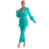 Fuzzy Fashion Casual Long Sleeve Two-Piece Blazer and Pants Set