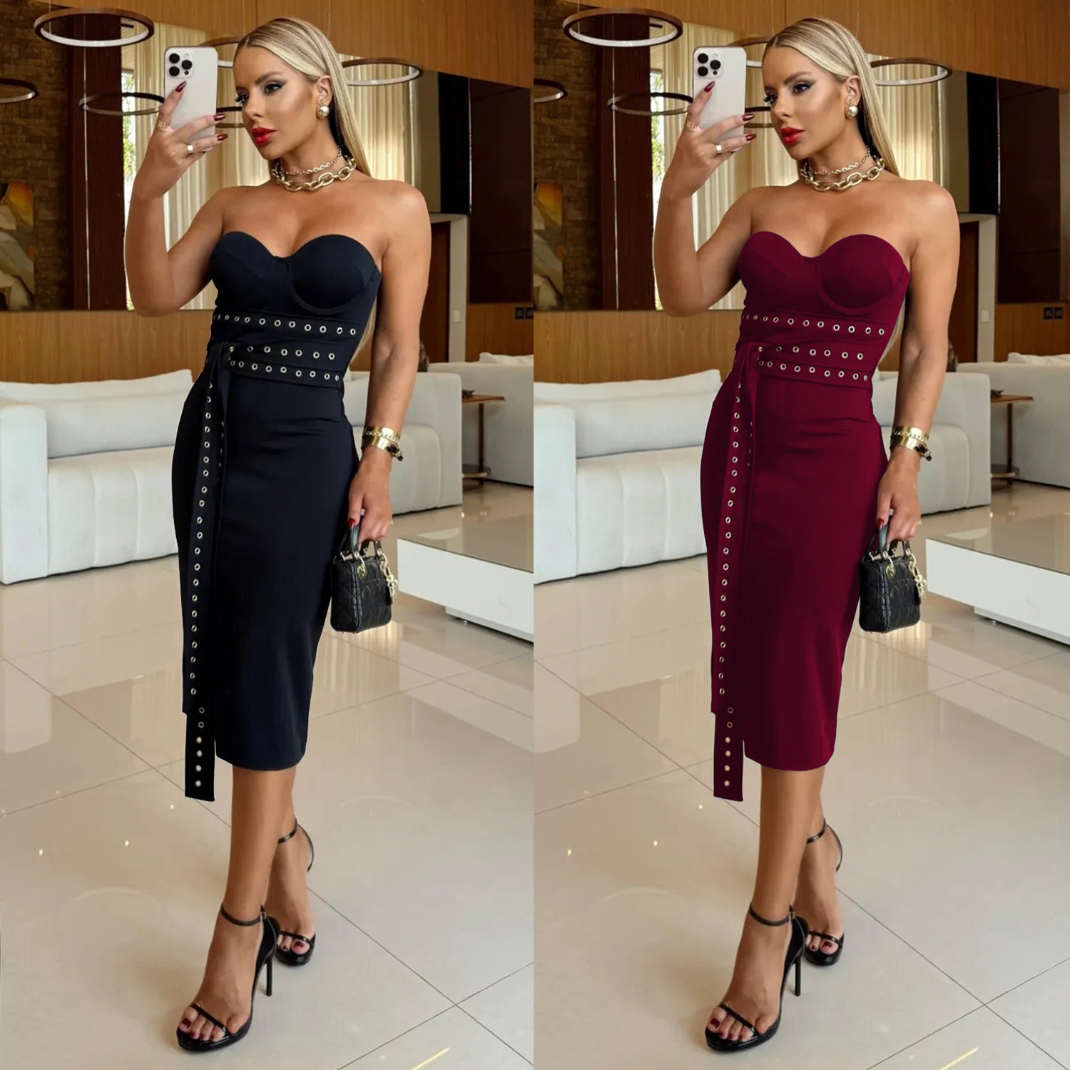 Women Sexy Strapless Lace-Up Dress