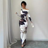 Spring Autumn Slash Shoulder Sexy Long Sleeve Slim Fit Long Dress